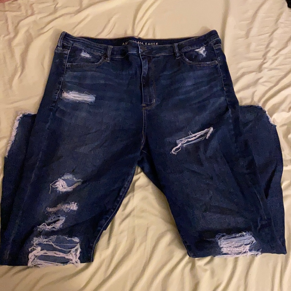 American Eagle Outfitters Dark Blue Distressed High Rise Jeans